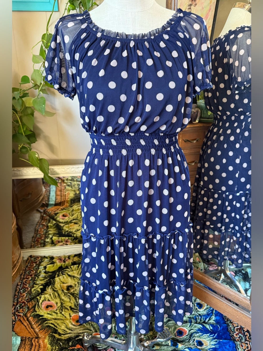 Kate & Lily Petite Navy Polka Dot Ruffle Dress 90s retro classic sz 6P